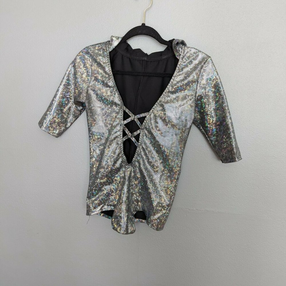 Iheartraves Womens Silver Holographic Crisscross Hooded Bodysuit Size M